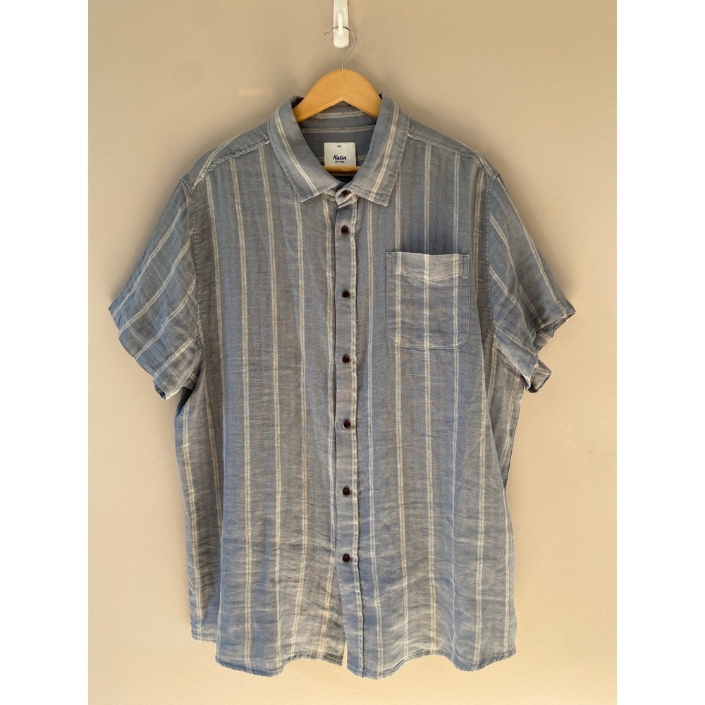 Katin Mens XXL Blue Gray Striped Cotton Linen Short Sleeve Button Down Shirt